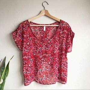 Xhilaration Red and Pink Floral Split Back Top